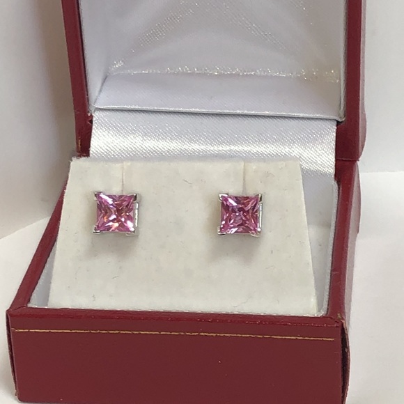Real Solid 14K White Gold Princess Cut Pink Solitaire Gemstone Stud Earrings - Picture 4 of 12
